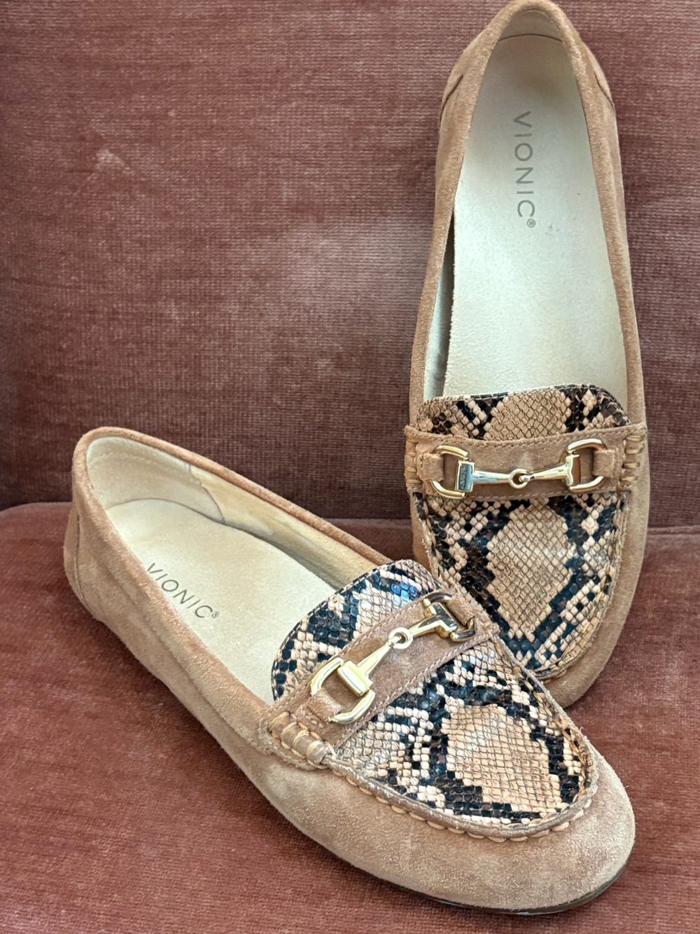 Vionic Tan Suede Loafers with Snake-Print Accent and Gold Bit